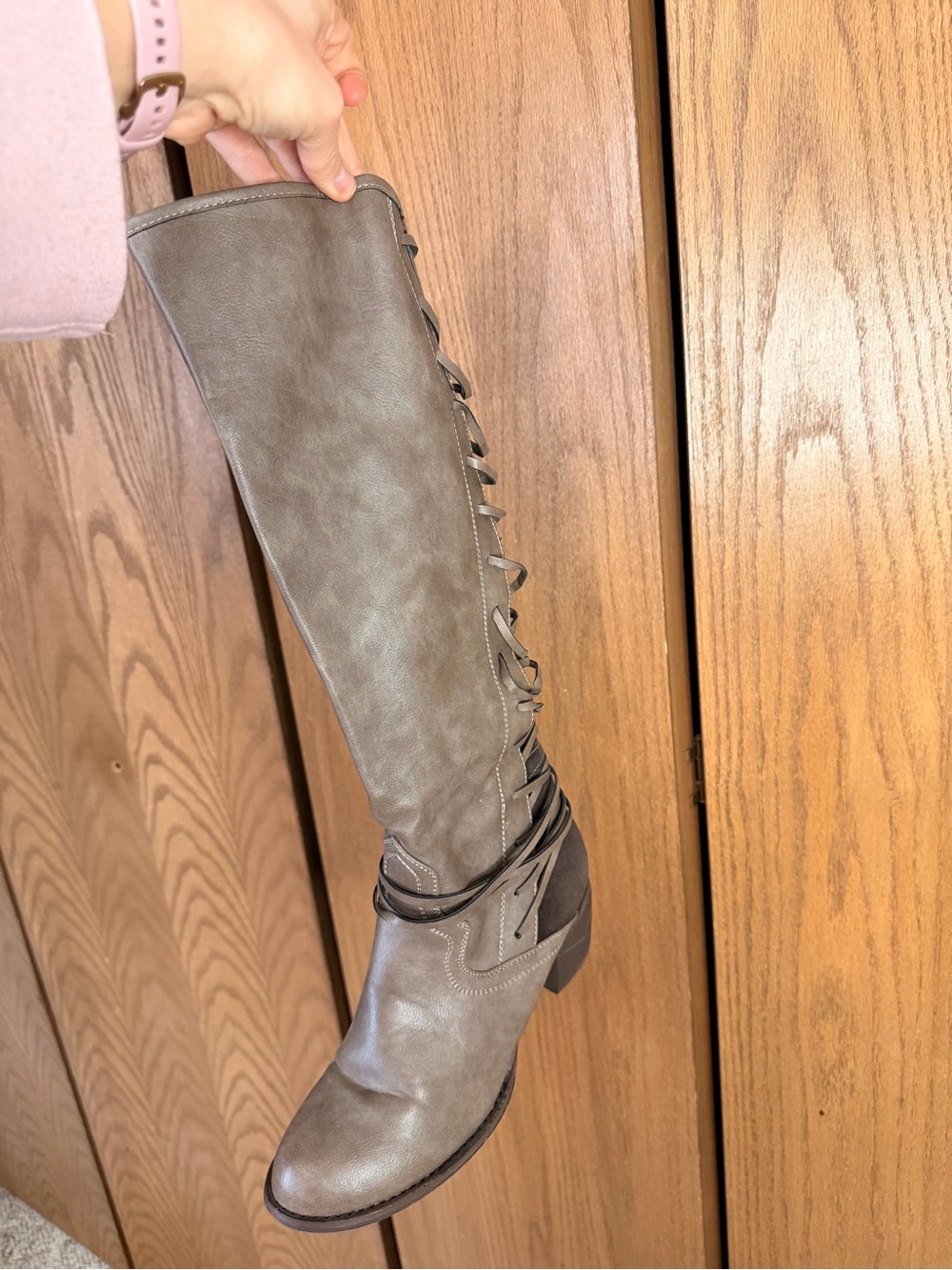 Taupe Lace-Up Knee-High Women’s Boots - Picture 3 of 7